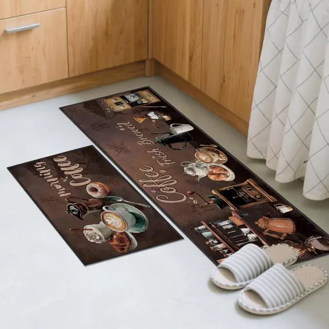 Alt view image 7 of 7 - 3 Pcs Vintage Coffee Kitchen Rugs Set, Coffee Bar Runner Set with 12 Pcs Rug Corner Grippers, Rustic Brown Floor Mats for Home Decor (16"×28" & 16"×47")