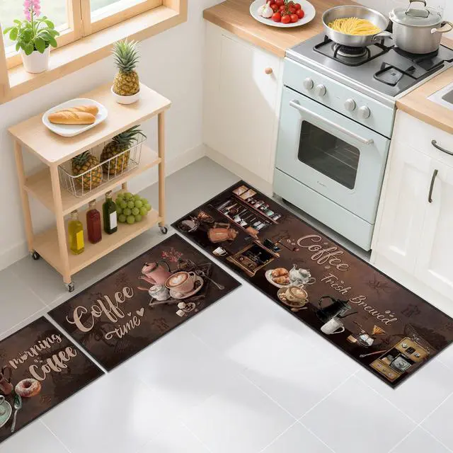 Alt view image 5 of 7 - 3 Pcs Vintage Coffee Kitchen Rugs Set, Coffee Bar Runner Set with 12 Pcs Rug Corner Grippers, Rustic Brown Floor Mats for Home Decor (16"×28" & 16"×47")