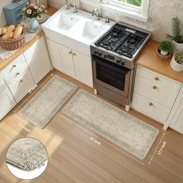 Alt view image 3 of 7 - Farmhouse Anti Fatigue Kitchen Mat,Vintage Brown Kitchen Rugs Sets of 2,Non Slip Waterproof Kitchen Floor Mats,Ergonomic Cushioned Comfort Standing Mat for Laundry,Office, Sink,Desk