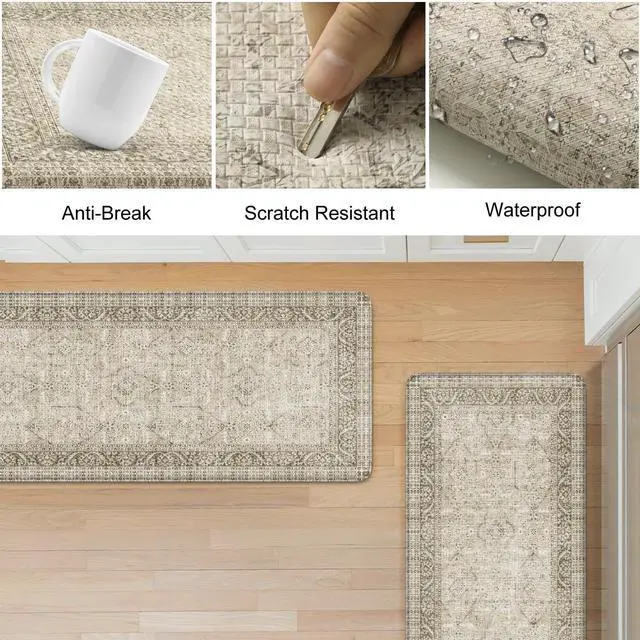 Alt view image 6 of 7 - Farmhouse Anti Fatigue Kitchen Mat,Vintage Brown Kitchen Rugs Sets of 2,Non Slip Waterproof Kitchen Floor Mats,Ergonomic Cushioned Comfort Standing Mat for Laundry,Office, Sink,Desk