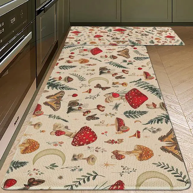 Main image of Rugs for Kitchen Floor 2PC Waterproof Non Slip Anti Fatigue Mushrooms Butterfly Farmhouse Padded Kitchen Mats Beige 17"x30"+17"x48"