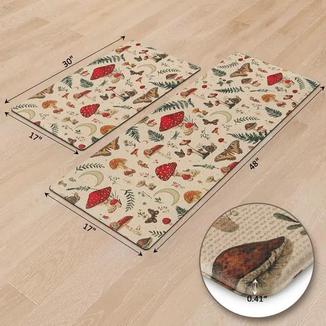 Alt view image 2 of 7 - Rugs for Kitchen Floor 2PC Waterproof Non Slip Anti Fatigue Mushrooms Butterfly Farmhouse Padded Kitchen Mats Beige 17"x30"+17"x48"
