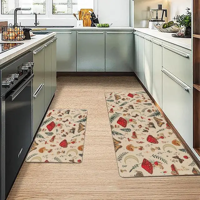 Alt view image 3 of 7 - Rugs for Kitchen Floor 2PC Waterproof Non Slip Anti Fatigue Mushrooms Butterfly Farmhouse Padded Kitchen Mats Beige 17"x30"+17"x48"