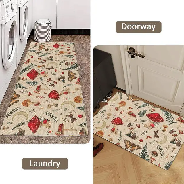 Alt view image 4 of 7 - Rugs for Kitchen Floor 2PC Waterproof Non Slip Anti Fatigue Mushrooms Butterfly Farmhouse Padded Kitchen Mats Beige 17"x30"+17"x48"