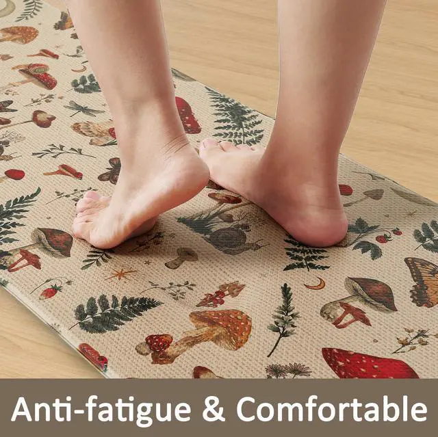 Alt view image 7 of 7 - Rugs for Kitchen Floor 2PC Waterproof Non Slip Anti Fatigue Mushrooms Butterfly Farmhouse Padded Kitchen Mats Beige 17"x30"+17"x48"
