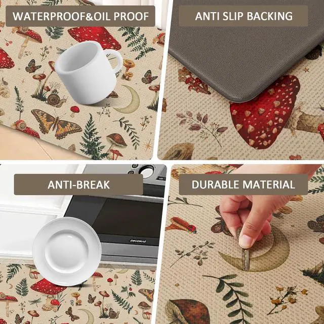 Alt view image 5 of 7 - Rugs for Kitchen Floor 2PC Waterproof Non Slip Anti Fatigue Mushrooms Butterfly Farmhouse Padded Kitchen Mats Beige 17"x30"+17"x48"