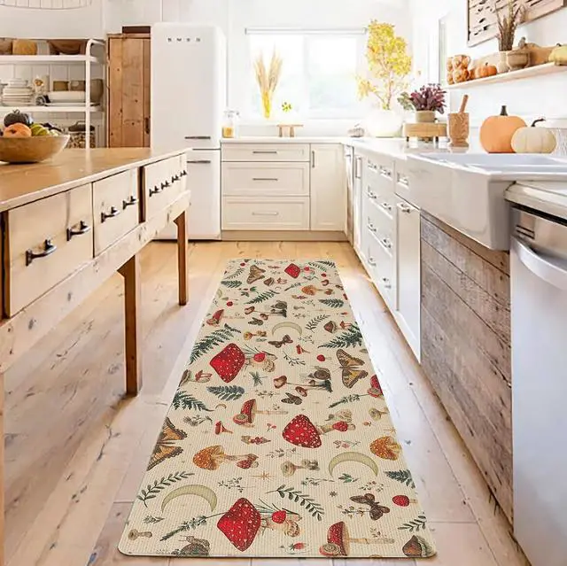 Alt view image 6 of 7 - Rugs for Kitchen Floor 2PC Waterproof Non Slip Anti Fatigue Mushrooms Butterfly Farmhouse Padded Kitchen Mats Beige 17"x30"+17"x48"
