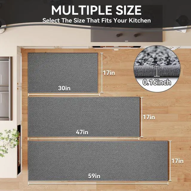 Alt view image 2 of 7 - Kitchen Rugs and Mat Non Slip Washable, Super Absorbent Kitchen Mats for Floor, Rubber Backing Soft Braided Standing Kitchen Sink Mat Kitchen Runner, Front of Sink, Easy Clean, Grey 17"x30"