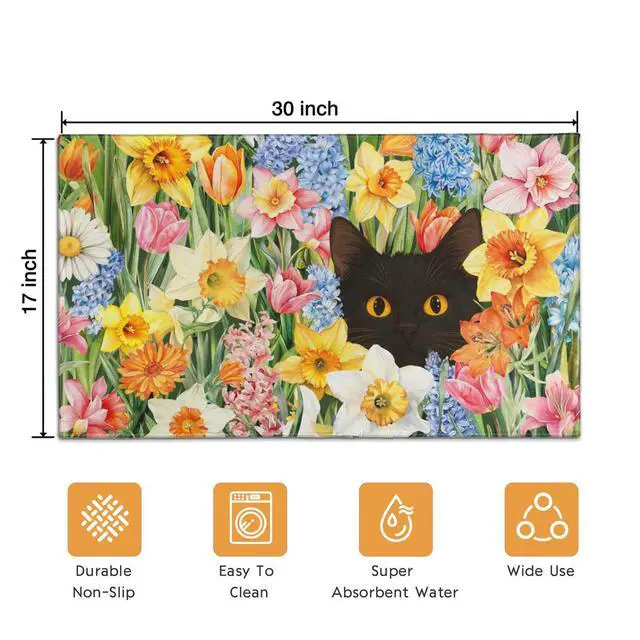 Alt view image 3 of 7 - Spring Summer Kitchen Rugs Flower Black Cat Doormat Non-Slip Washable Kitchen Floor Sink Mats Decorations for Home Kitchen Indoor Outdoor 30"x17"