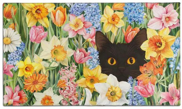 Main image of Spring Summer Kitchen Rugs Flower Black Cat Doormat Non-Slip Washable Kitchen Floor Sink Mats Decorations for Home Kitchen Indoor Outdoor 30"x17"
