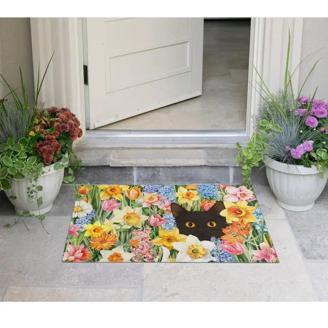 Alt view image 6 of 7 - Spring Summer Kitchen Rugs Flower Black Cat Doormat Non-Slip Washable Kitchen Floor Sink Mats Decorations for Home Kitchen Indoor Outdoor 30"x17"