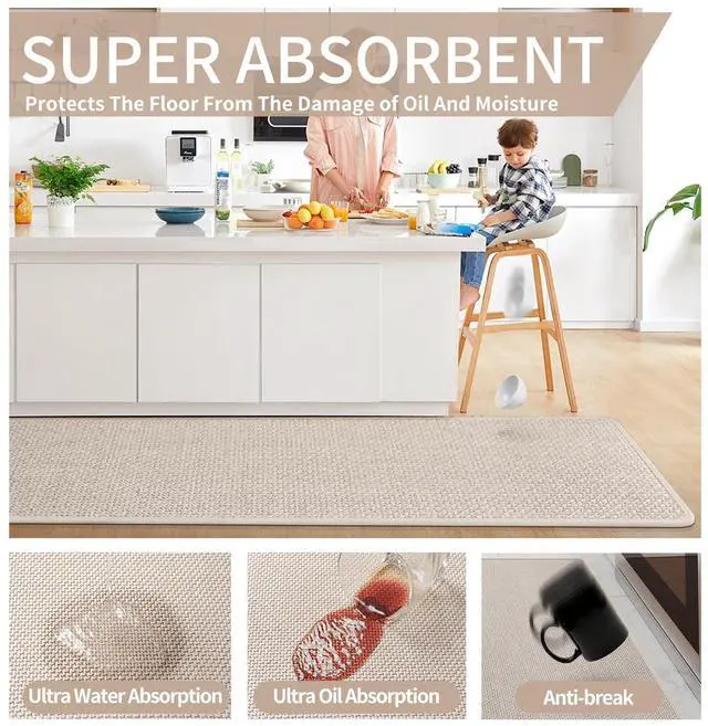 Alt view image 5 of 7 - Kitchen Mats for Floor, Super Absorbent Kitchen Rugs Non Slip Washable, Soft Imitation Linen Braided Standing Mat Kitchens Sink Mat, Easy to Clean, Beige 17x30