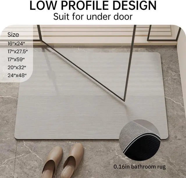 Alt view image 2 of 7 - Bath Mat Rug, Rubber Non-Slip Quick Dry Absorbent Thin Bathroom Rugs Fit Under Door Bathroom Floor Mats-Shower Rug for in Front of Bathtub, Sink, Shower Room(Light Grey,16"x24")