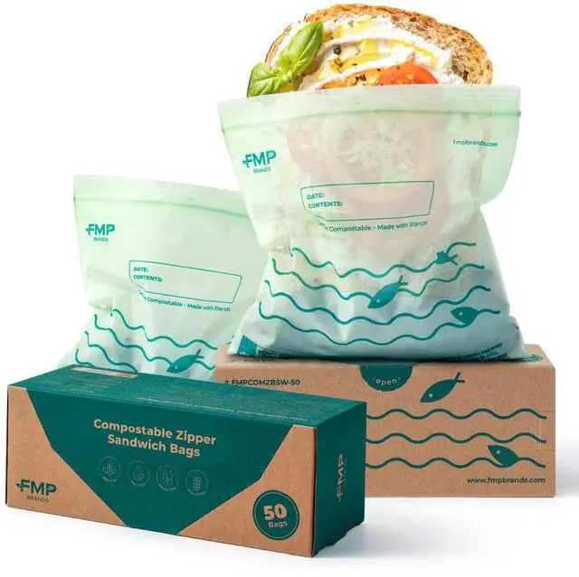 Main image of 50 Pack 100% Compostable Sandwich Bags, 6.5 x 6.7" Resealable Food Storage Freezer Bags, Eco Friendly Snack Bags for Travel, ASTM D6400, US BPI & EU OK Compost Certified