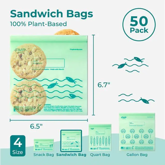 Alt view image 2 of 7 - 50 Pack 100% Compostable Sandwich Bags, 6.5 x 6.7" Resealable Food Storage Freezer Bags, Eco Friendly Snack Bags for Travel, ASTM D6400, US BPI & EU OK Compost Certified