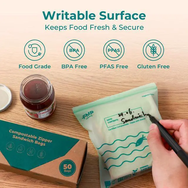Alt view image 4 of 7 - 50 Pack 100% Compostable Sandwich Bags, 6.5 x 6.7" Resealable Food Storage Freezer Bags, Eco Friendly Snack Bags for Travel, ASTM D6400, US BPI & EU OK Compost Certified