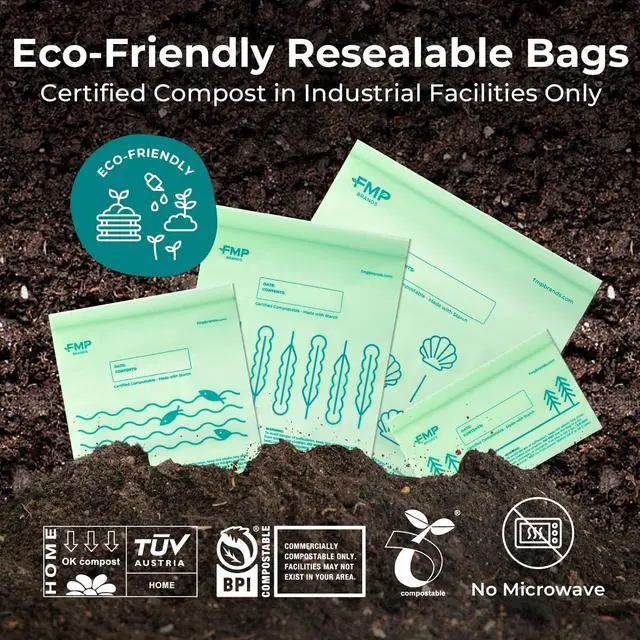 Alt view image 5 of 7 - 50 Pack 100% Compostable Sandwich Bags, 6.5 x 6.7" Resealable Food Storage Freezer Bags, Eco Friendly Snack Bags for Travel, ASTM D6400, US BPI & EU OK Compost Certified