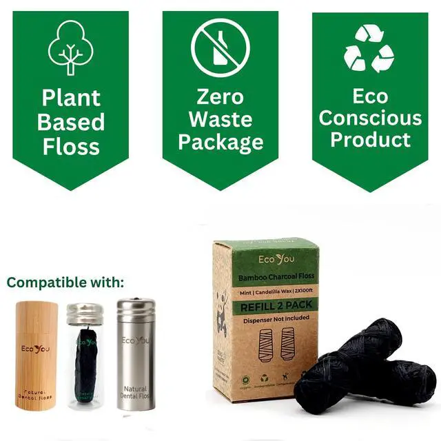 Alt view image 2 of 7 - Bamboo Charcoal Dental Floss | Mint & Candelilla Wax | Vegan & Biodegradable (2 Refills Pack)
