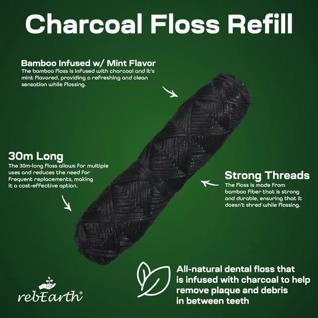 Alt view image 2 of 4 - Bamboo Charcoal Floss Refill 4-Pack 30m Mint Floss Each (120m Total) Reload Your Existing Glass Container Plastic-Free, Zero Waste, Shred Resistant Dental Floss