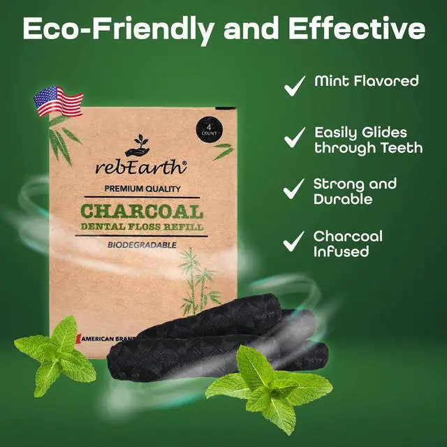 Alt view image 3 of 4 - Bamboo Charcoal Floss Refill 4-Pack 30m Mint Floss Each (120m Total) Reload Your Existing Glass Container Plastic-Free, Zero Waste, Shred Resistant Dental Floss