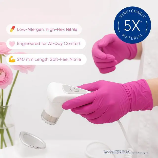 Alt view image 4 of 5 - Nitrile Exam Gloves, 4 Mil 100 Pcs Powder-Free Latex-Free Cooking Food-Safe Disposable Medical Gloves, Rose Orchid (Small)