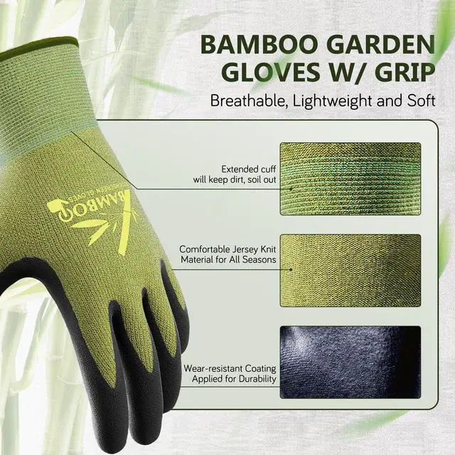 Alt view image 2 of 7 - COOLJOB 2 Pairs Gardening Gloves for Women and Men, Bamboo Working Gloves Touchscreen, Grippy Nitrile Rubber Coated Work Gloves, Green/Black, Large Size (2 Pairs L)