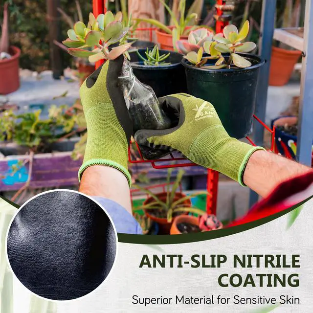 Alt view image 4 of 7 - COOLJOB 2 Pairs Gardening Gloves for Women and Men, Bamboo Working Gloves Touchscreen, Grippy Nitrile Rubber Coated Work Gloves, Green/Black, Large Size (2 Pairs L)
