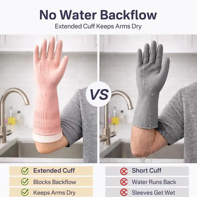 Alt view image 5 of 6 - Rubber Dishwashing Gloves, 2 Pairs, Reusable Cleaning Dish Gloves for Kitchen, Non-Slip, Waterproof Dish Washing, Long Cuff for Woman (Pink+Green, Medium)