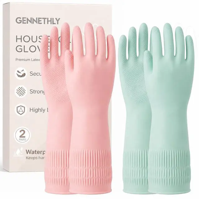 Main image of Rubber Dishwashing Gloves, 2 Pairs, Reusable Cleaning Dish Gloves for Kitchen, Non-Slip, Waterproof Dish Washing, Long Cuff for Woman (Pink+Green, Medium)