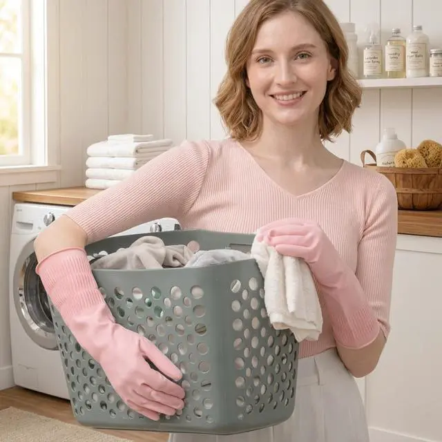 Alt view image 3 of 6 - Rubber Dishwashing Gloves, 2 Pairs, Reusable Cleaning Dish Gloves for Kitchen, Non-Slip, Waterproof Dish Washing, Long Cuff for Woman (Pink+Green, Medium)