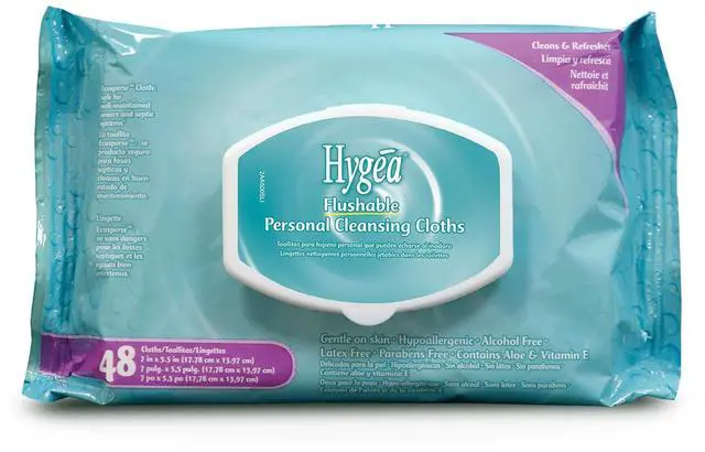 Main image of Hygea Flushable Wipes, 48 Count, Plant-Based, Septic-Safe Moist Toilet Wipes, Gentle, Hypoallergenic Personal Cleansing Wipes with Aloe & Vitamin E, Alcohol & Paraben Free