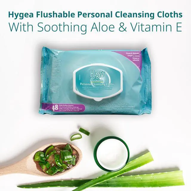 Alt view image 3 of 3 - Hygea Flushable Wipes, 48 Count, Plant-Based, Septic-Safe Moist Toilet Wipes, Gentle, Hypoallergenic Personal Cleansing Wipes with Aloe & Vitamin E, Alcohol & Paraben Free