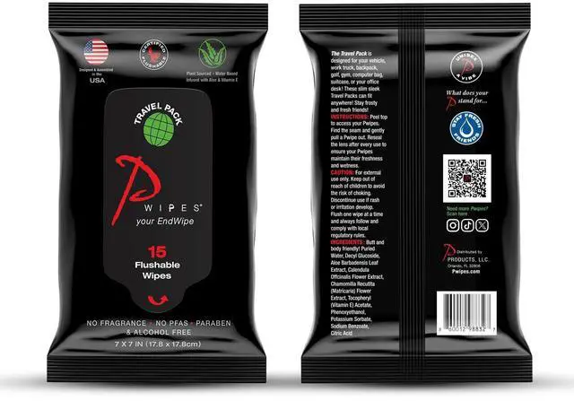 Main image of Flushable Wipes | 15 Count Travel Pack | Adult Wet Wipes | Unscented with Vitamin-E & Aloe | Plant Based and Biodegradable | Septic and Sewer Safe |