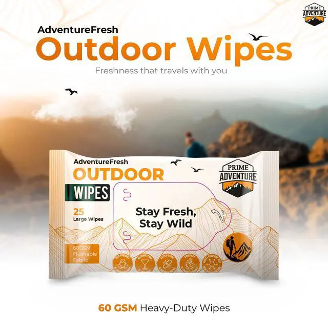 Alt view image 2 of 7 - AdventureFresh Outdoor Wipes 60 GSM Biodegradable Wet Wipes | Alcohol-Free, Aloe & Chamomile | Flushable Body Wipes for Camping, Hiking, Travel & Emergency Use Pack of 1