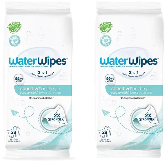 Main image of Sensitive+ On The Go Wipes, 3-In-1 Cleans, Cares, Protects, 99.9% Water, Unscented & Hypoallergenic Wet Wipes, 28 Count (Pack of 2)