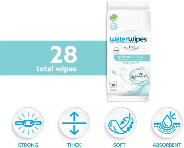 Alt view image 6 of 7 - Sensitive+ On The Go Wipes, 3-In-1 Cleans, Cares, Protects, 99.9% Water, Unscented & Hypoallergenic Wet Wipes, 28 Count (Pack of 2)
