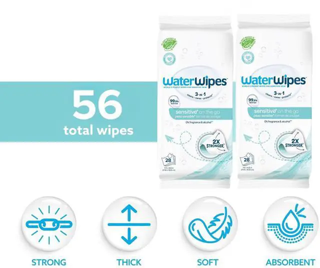 Alt view image 2 of 7 - Sensitive+ On The Go Wipes, 3-In-1 Cleans, Cares, Protects, 99.9% Water, Unscented & Hypoallergenic Wet Wipes, 28 Count (Pack of 2)