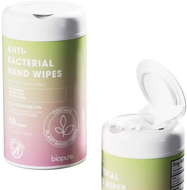 Main image of Antibacterial Hand Wipes Juicy Watermelon Scented | Antibacterial Wipes with Aloe and Vitamin E | 5"x7" Wet Wipes Canister | No Parabens, Sulfates or Phthalates, Kills 99% of Germs, 50 Ct