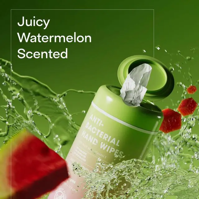 Alt view image 3 of 7 - Antibacterial Hand Wipes Juicy Watermelon Scented | Antibacterial Wipes with Aloe and Vitamin E | 5"x7" Wet Wipes Canister | No Parabens, Sulfates or Phthalates, Kills 99% of Germs, 50 Ct
