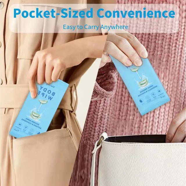 Alt view image 4 of 6 - 40 Pcs Body Wipes Individually Wrapped (9.29" x 8"), Large Shower Wipes for Adults Bathing No Rinse, Portable Personal Cleansing for Gym, Camping, Hiking, Backpacking,Bulk Homeless Supplies