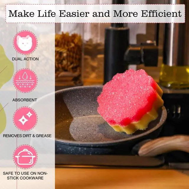 Alt view image 3 of 7 - 3 Pcs Dual Sided Scrub Sponge Multi Functional Cute Temperature Sensitive Non Scratch Dish Sponge for Washing Dishes Kitchen Bathroom(Flower,Pink)