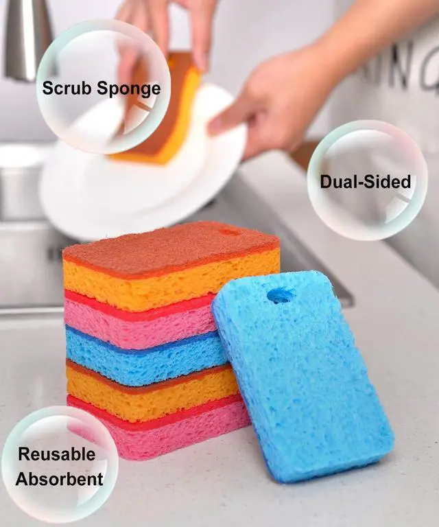 Alt view image 2 of 7 - 12-Count Scrub Sponges Kitchen Sponge Heavy Duty, Cellulose Sponges with Scouring Pads Dual-Sided for Kitchen and Household Use (Square-Multi)