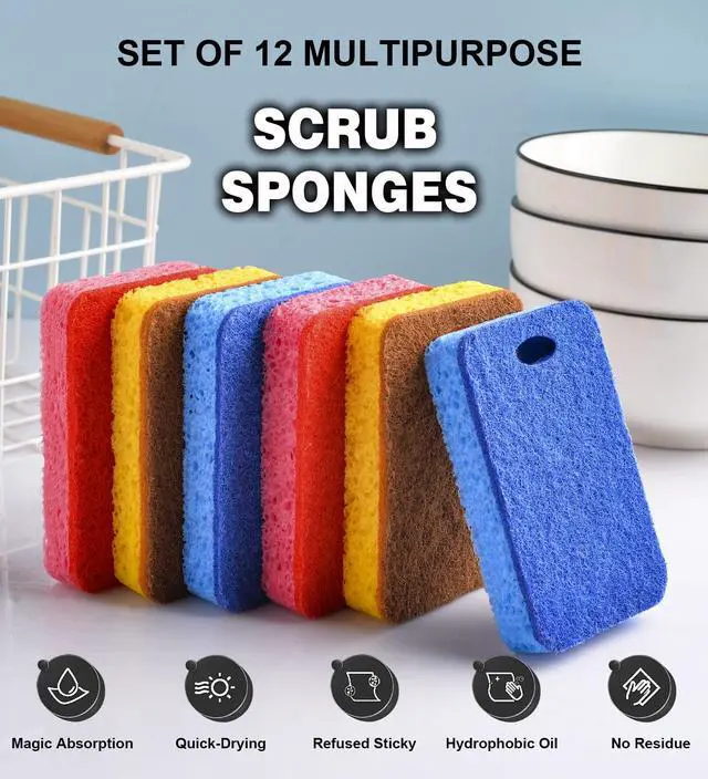 Alt view image 3 of 7 - 12-Count Scrub Sponges Kitchen Sponge Heavy Duty, Cellulose Sponges with Scouring Pads Dual-Sided for Kitchen and Household Use (Square-Multi)