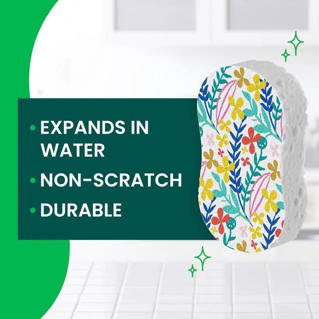 Alt view image 2 of 7 - Pop Up Kitchen Sponges, Unique Compressed Kitchen Sponge for Cleaning Gently, Floral Pattern Dish Scrubber that Expands with Water, 3 Scrubbing Sponges