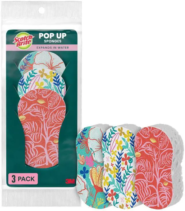 Main image of Pop Up Kitchen Sponges, Unique Compressed Kitchen Sponge for Cleaning Gently, Floral Pattern Dish Scrubber that Expands with Water, 3 Scrubbing Sponges