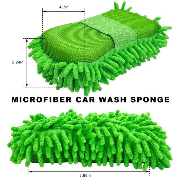 Alt view image 2 of 6 - Microfiber Car Wash Sponge, Scratch-Free Vehicle Washing Mitt with Chenille & Mesh Sides, Highly Absorbent Sponge Lint-Free Cleaning Tool for Car Washing & Detailing (Green)