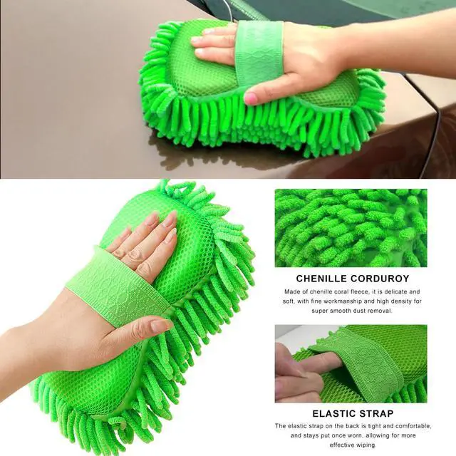 Alt view image 3 of 6 - Microfiber Car Wash Sponge, Scratch-Free Vehicle Washing Mitt with Chenille & Mesh Sides, Highly Absorbent Sponge Lint-Free Cleaning Tool for Car Washing & Detailing (Green)