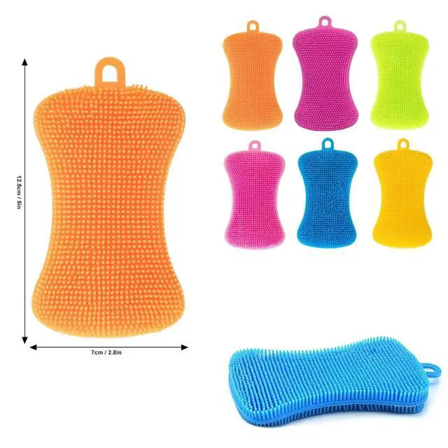 Alt view image 6 of 7 - 6 PCS Silicone Dish Sponges, Super Durable Safe and Dry Fast Silicone Sponge, Multi-Purpose Sponge Kitchen Gadgets, Reusable Rubber Kitchen Dish Dishes Fruits Vegetables Washing Cleaning Sponge Brush.