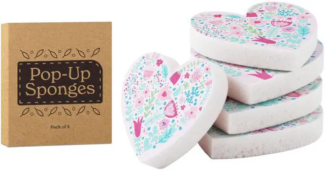 Main image of 5 Pack Heart Shaped Sponges, Non-Scratch Cleaning Sponges with Floral Pattern, Kitchen Heavy Duty Scrub Sponge, Pop Up Eco Valentine's Day Sponges (Pink)