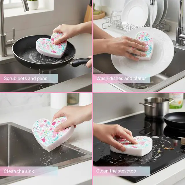 Alt view image 4 of 4 - 5 Pack Heart Shaped Sponges, Non-Scratch Cleaning Sponges with Floral Pattern, Kitchen Heavy Duty Scrub Sponge, Pop Up Eco Valentine's Day Sponges (Pink)